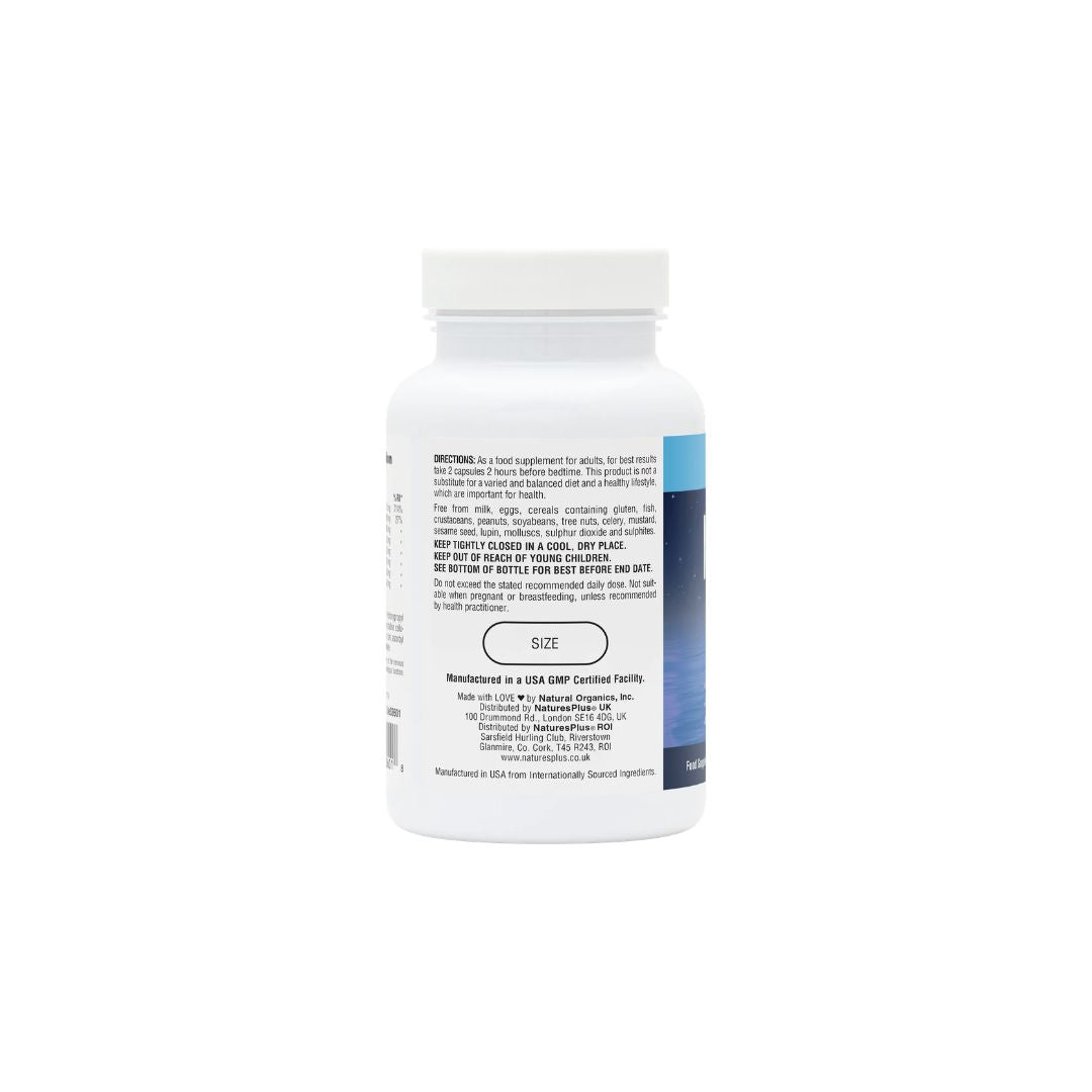 NaturesPlus Magnesium NightTime 60 Capsules container (rear view) on a white background