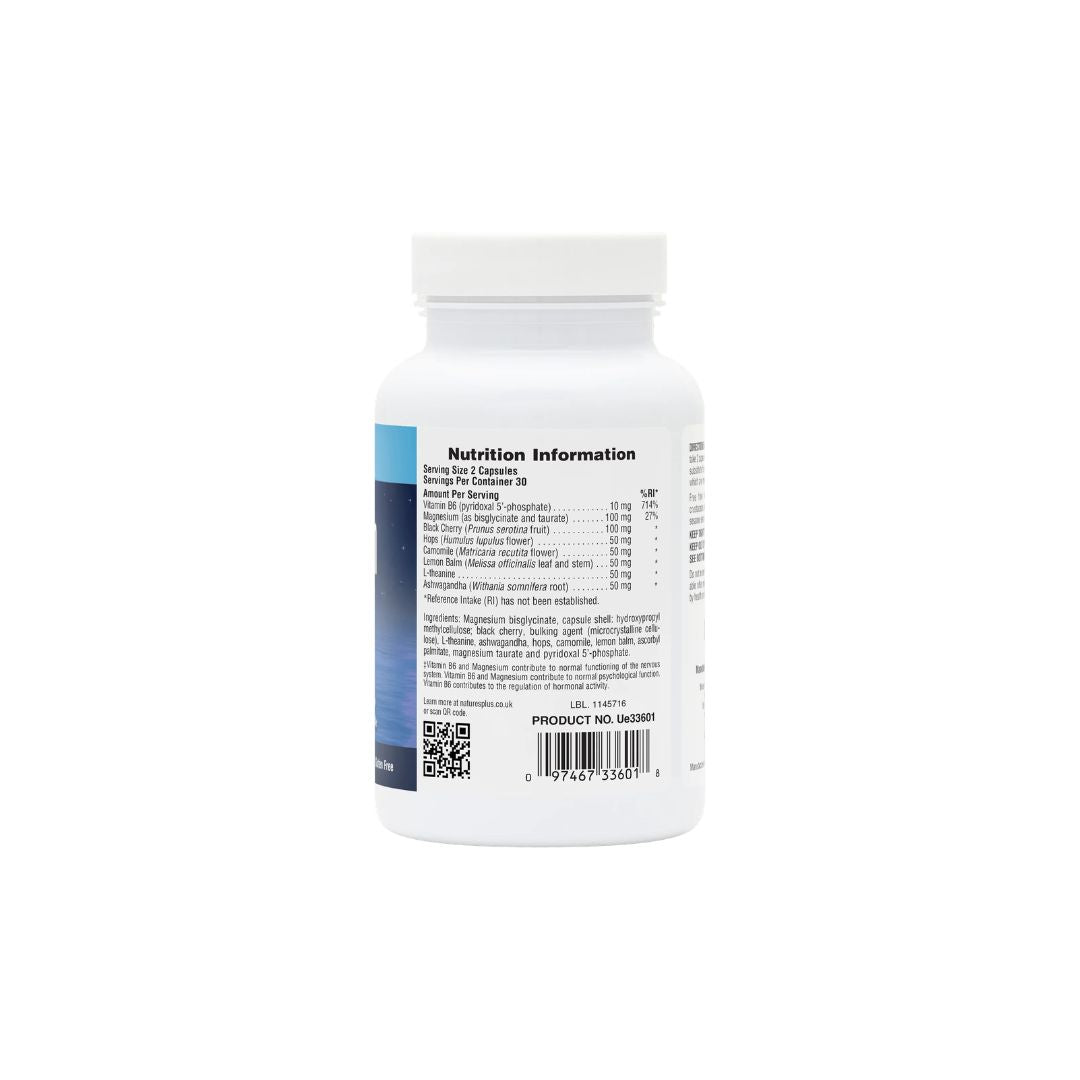 NaturesPlus Magnesium NightTime 60 Capsules Container (side View) on a white background