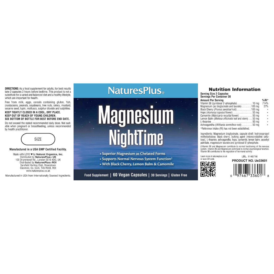 NaturesPlus Magnesium NightTime 60 Capsules Full Label on a white background
