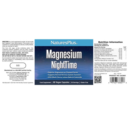 NaturesPlus Magnesium NightTime 60 Capsules Full Label on a white background