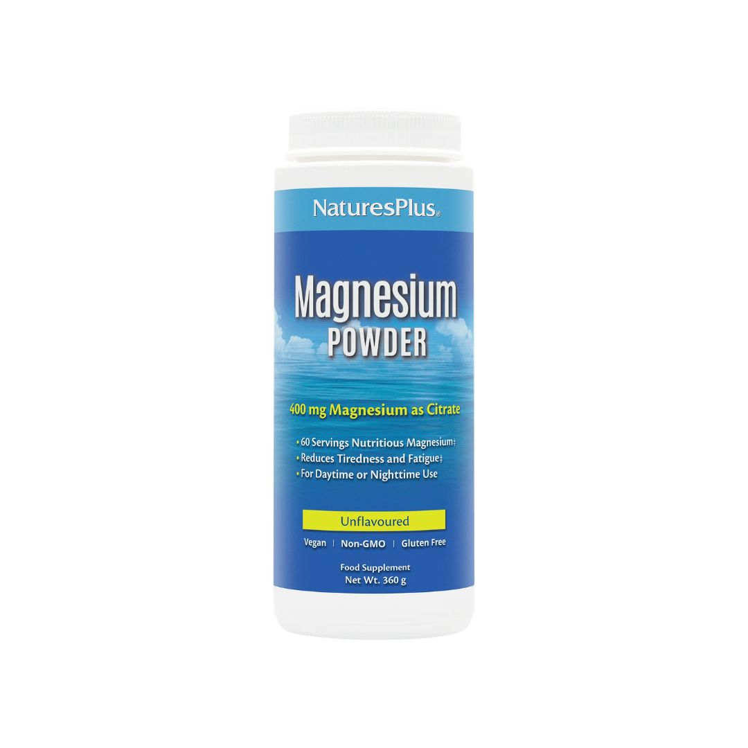 NaturesPlus Magnesium Citrate Powder Unflavoured container (front angle) on a white background