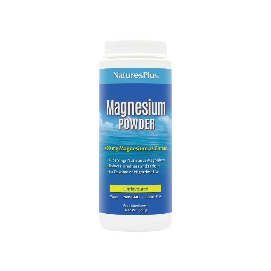 NaturesPlus Magnesium Citrate Powder Unflavoured container (front angle) on a white background