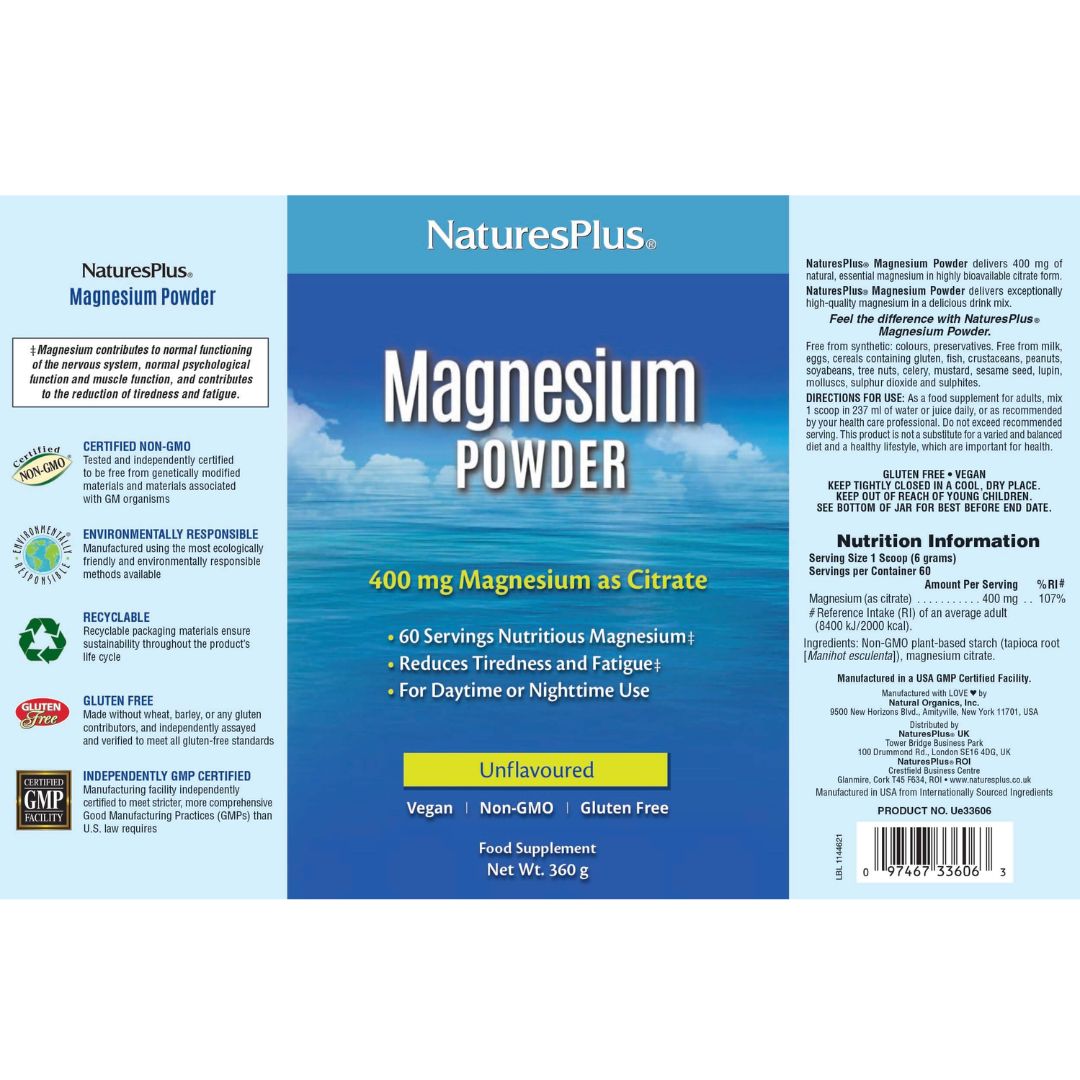 NaturesPlus Magnesium Citrate Powder Unflavoured label on a white background