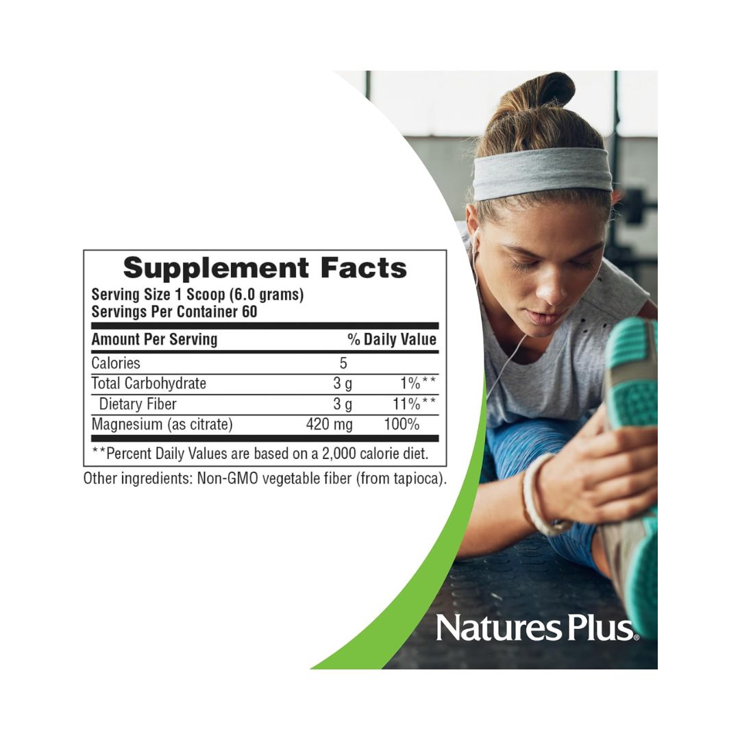 NaturesPlus Magnesium Citrate Powder Unflavoured nutritional information graphic