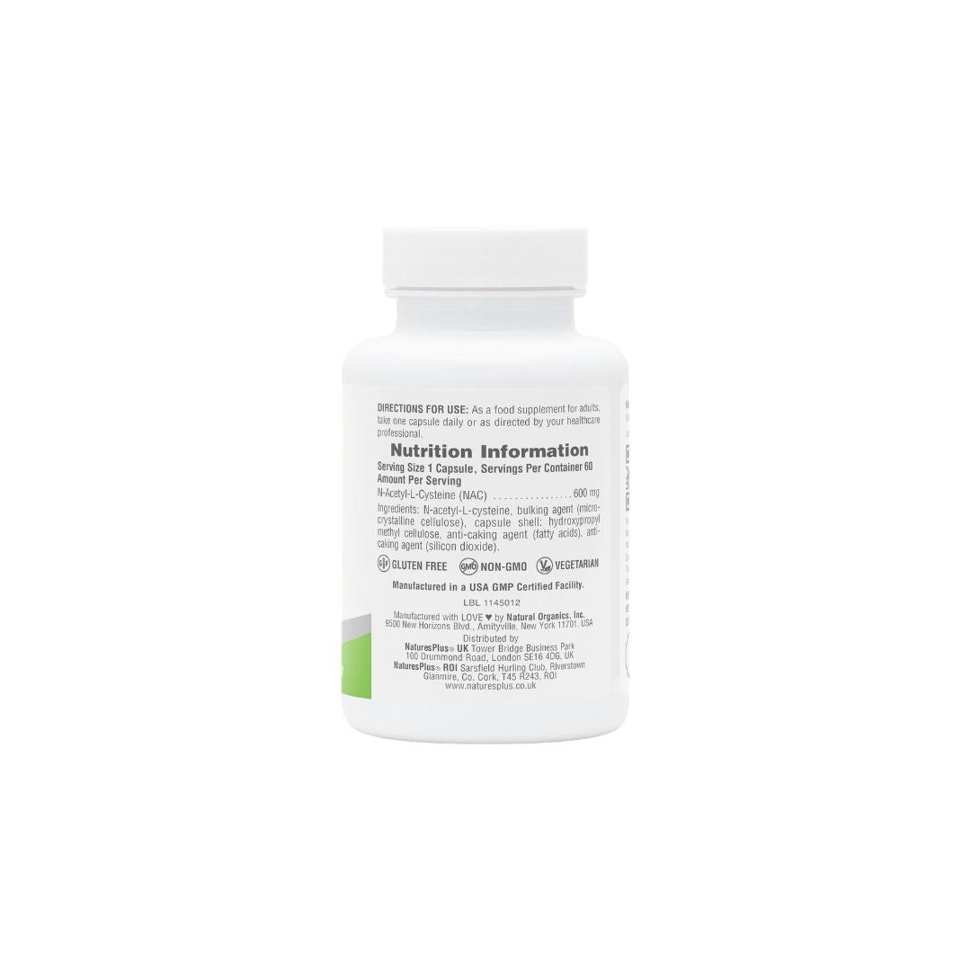 NaturesPlus Pro NAC Capsules COntainer (nutritional information) on a white background