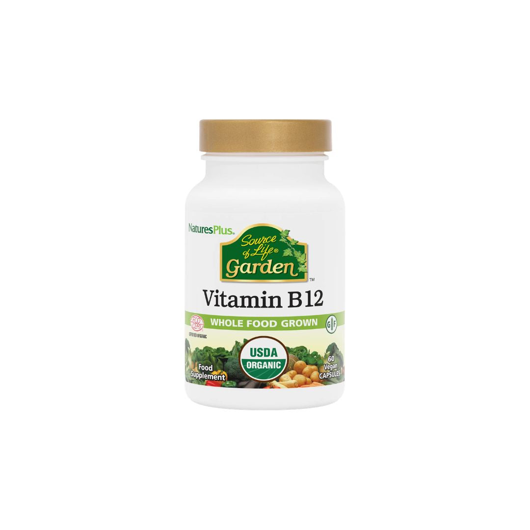 NaturesPlus Source of Life Garden Vitamin B12 60 Capsules container (front angle) on a white background