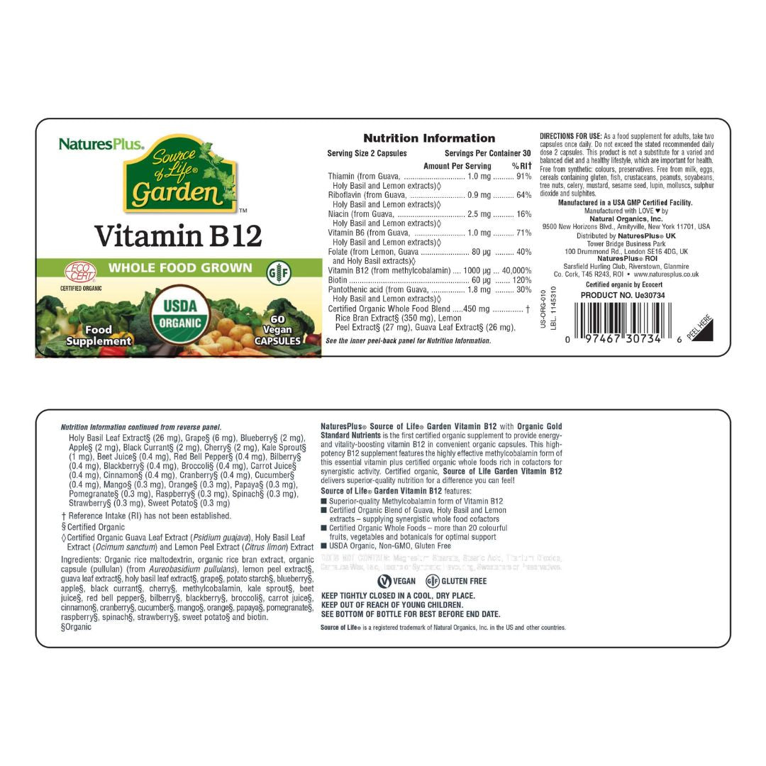 NaturesPlus Source of Life Garden Vitamin B12 60 Capsules label on a white background