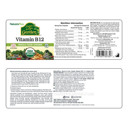NaturesPlus Source of Life Garden Vitamin B12 60 Capsules label on a white background