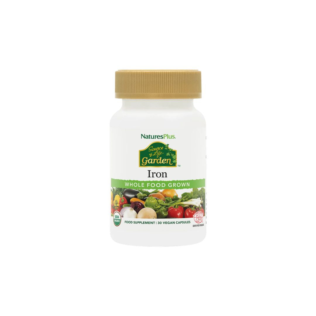 NaturesPlus Source of Life Garden Iron 30 Capsules container (front angle) on a white background