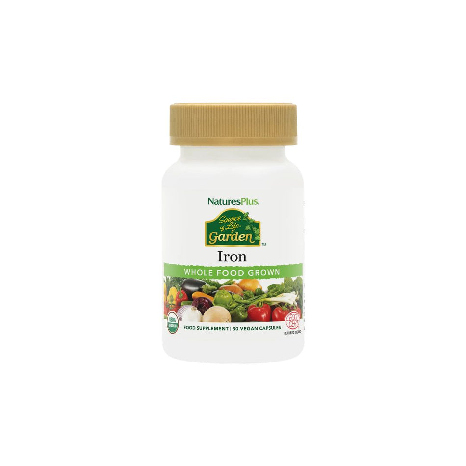 NaturesPlus Source of Life Garden Iron 30 Capsules container (front angle) on a white background