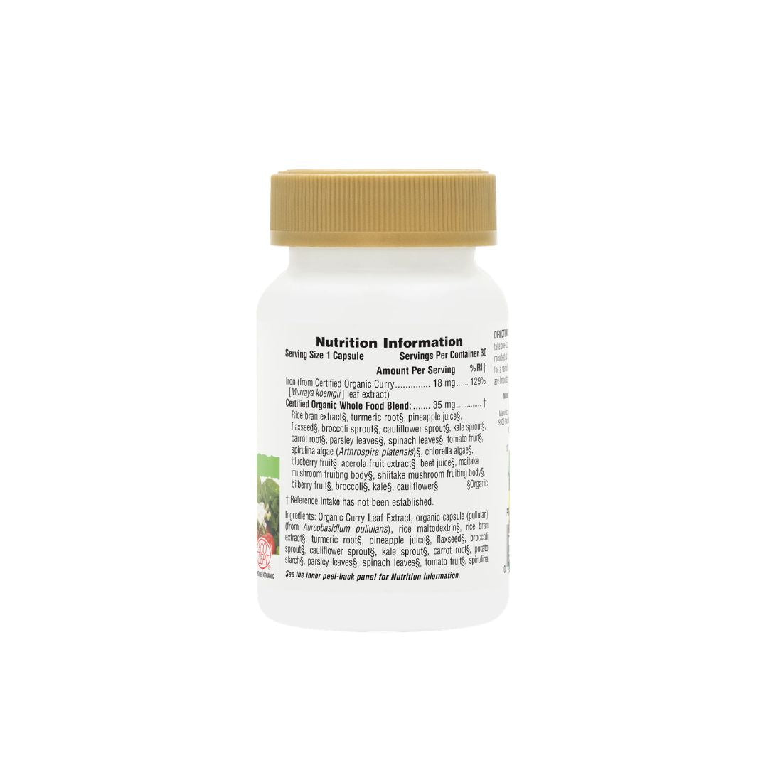 NaturesPlus Source of Life Garden Iron 30 Capsules (side angle) on a white background