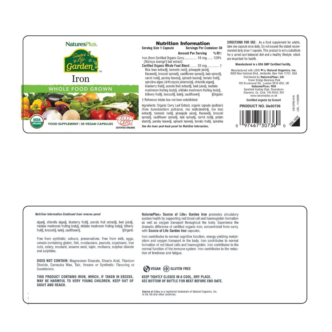 NaturesPlus Source of Life Garden Iron 30 Capsules label unfolded onto a white background