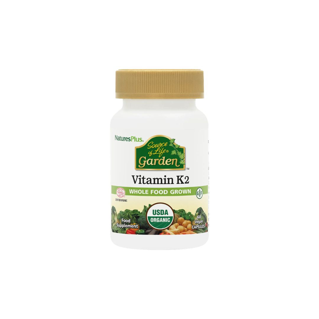 NaturesPlus Source of Life Garden Vitamin K2 60 Capsules container (front view) on a white background