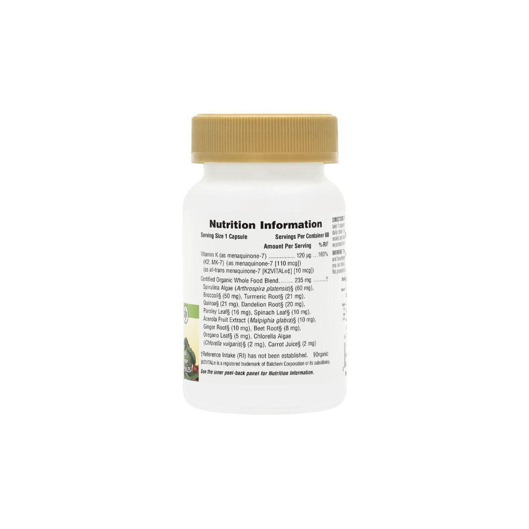 NaturesPlus Source of Life Garden Vitamin K2 60 Capsules container (side view) on a white background
