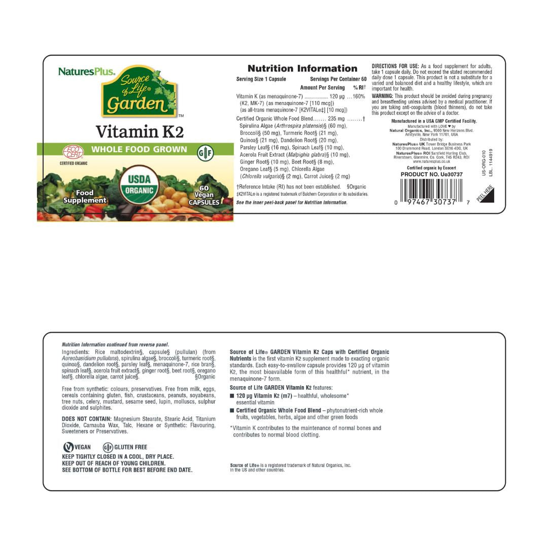 NaturesPlus Source of Life Garden Vitamin K2 60 Capsules container label on a white background