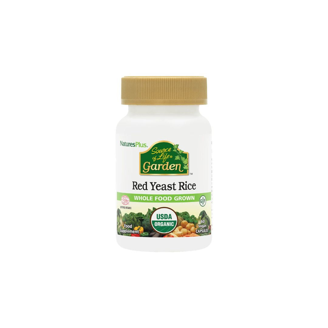 NaturesPlus Source of Life Garen Red Yeast Rice 60 Capsules container (front angle) on a white background