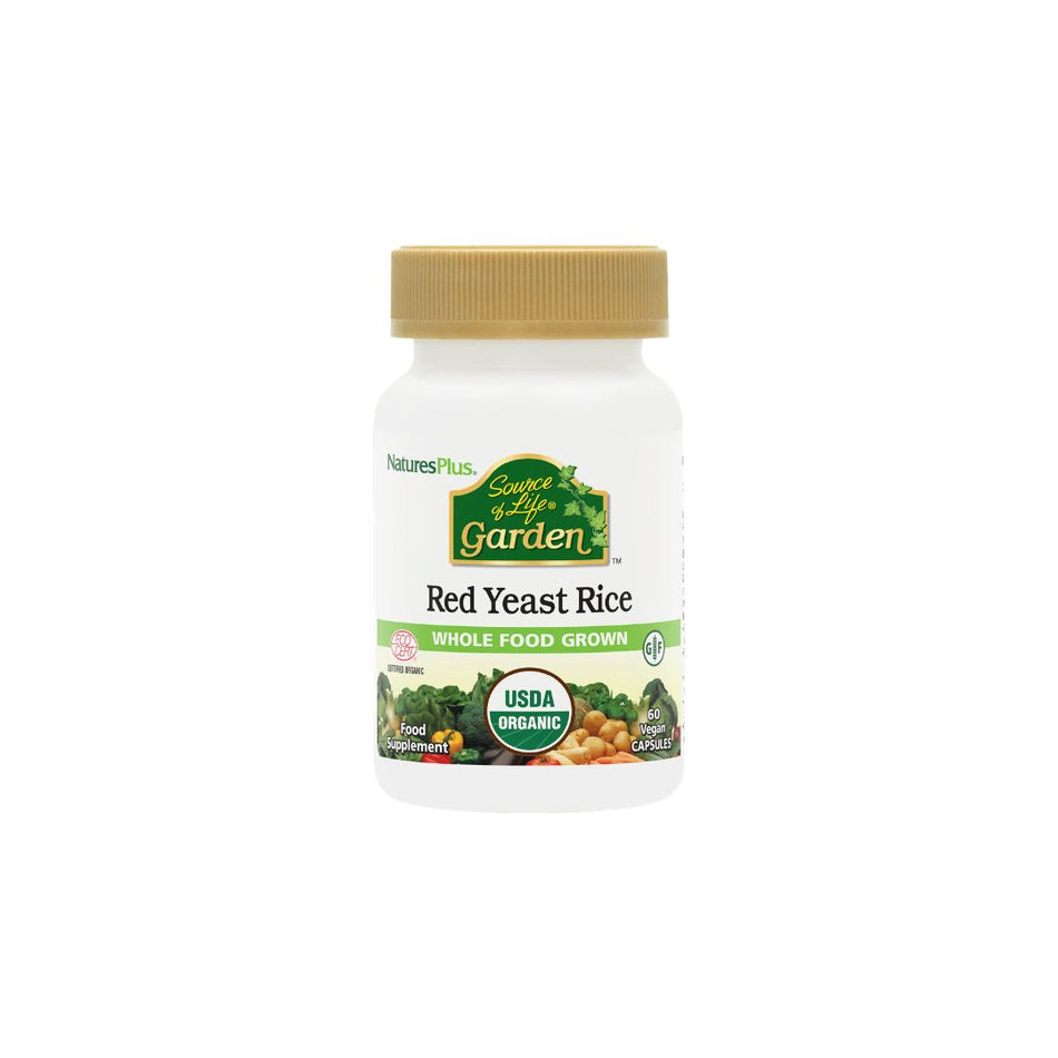 NaturesPlus Source of Life Garen Red Yeast Rice 60 Capsules container (front angle) on a white background