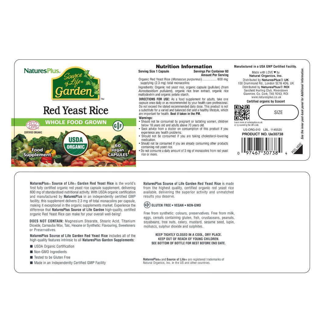 NaturesPlus Source of Life Garen Red Yeast Rice 60 Capsules label spread out onto a white background