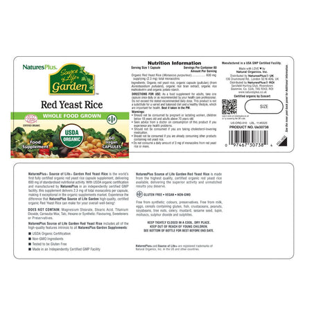 NaturesPlus Source of Life Garen Red Yeast Rice 60 Capsules label spread out onto a white background