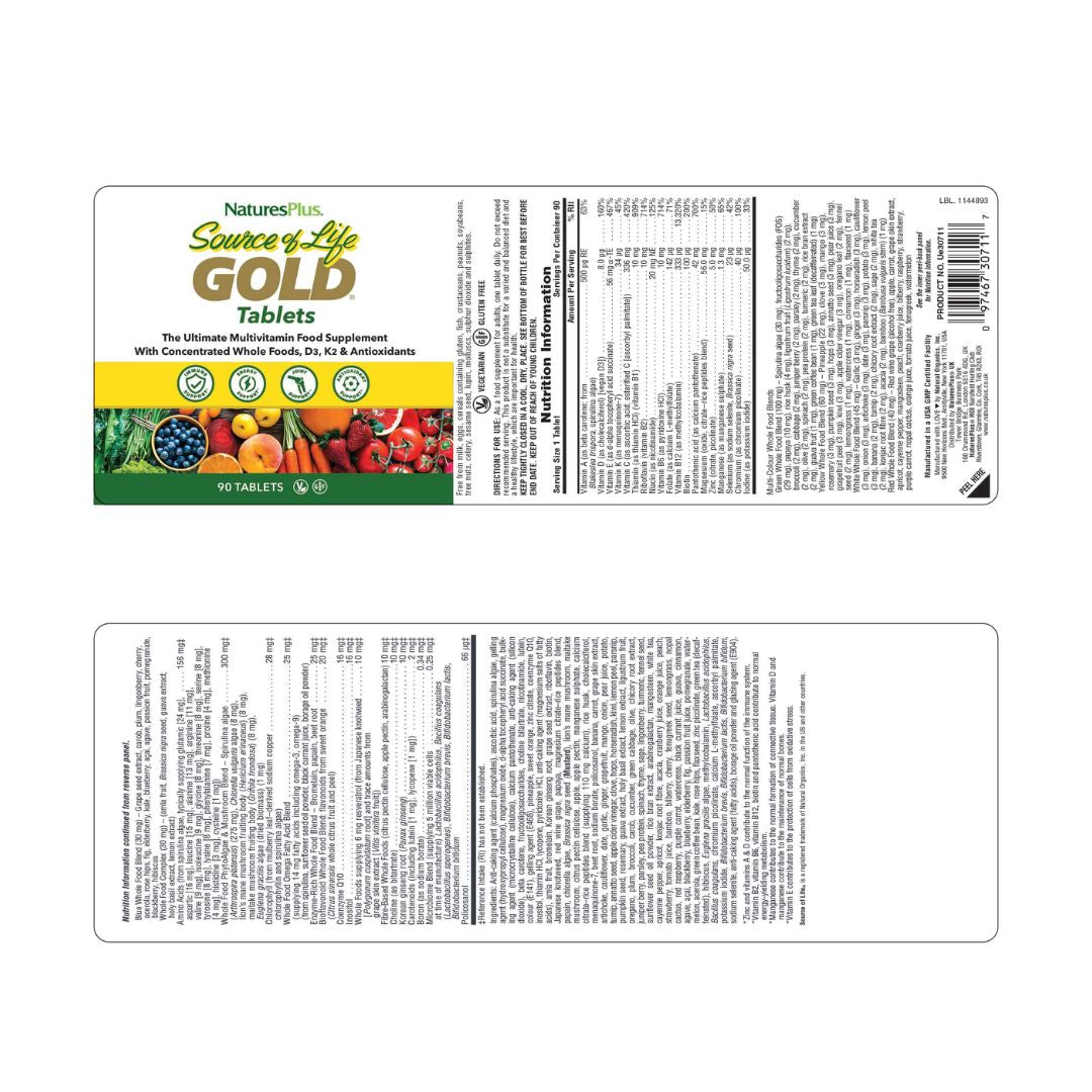 NaturesPlus Source of Life Gold 90 Tablets label spread out on a white background