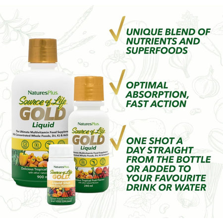 NaturesPlus Source of Life GOLD Liquid supplement bottles with promotional text on a white background