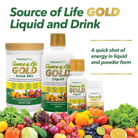 Nature's Plus Source of Life GOLD Liquid and Drink products with fruits and vegetables on a white background