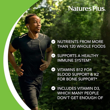 Man running outdoors with Natures Plus supplement information overlay