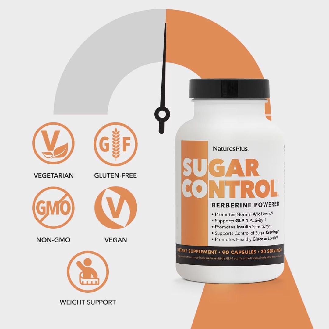 NaturesPlus Sugar Control supplement bottle with icons indicating vegetarian, gluten-free, GMO-free, vegan, and weight support on a white background.