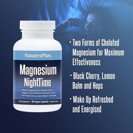 NaturesPlus Magnesium NightTime supplement bottle with promotional text on a dark blue background