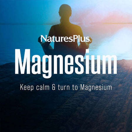 Person meditating with 'NaturesPlus Magnesium' text overlay