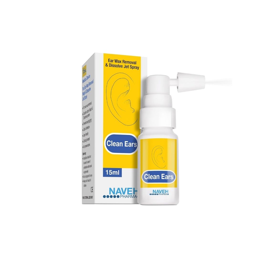 Naveh CleanEars Ear Wax Removal Spray 15ml packaging and bottle on a white background