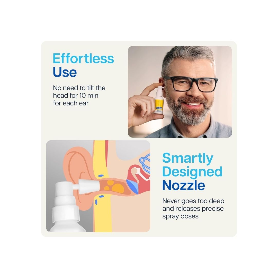 Naveh CleanEars Ear Wax Removal Spray 15ml usage instructions graphic on a cream background