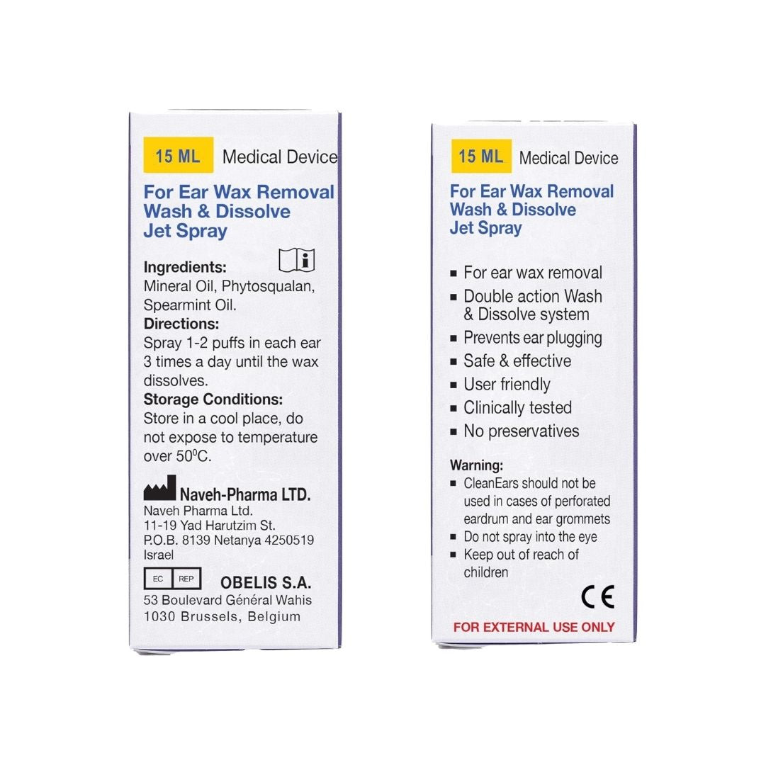 Naveh CleanEars Ear Wax Removal Spray 15ml packaging (side and rear view) on a white background