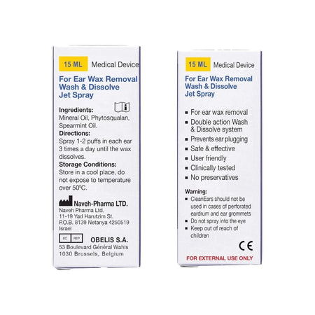 Naveh CleanEars Ear Wax Removal Spray 15ml packaging (side and rear view) on a white background