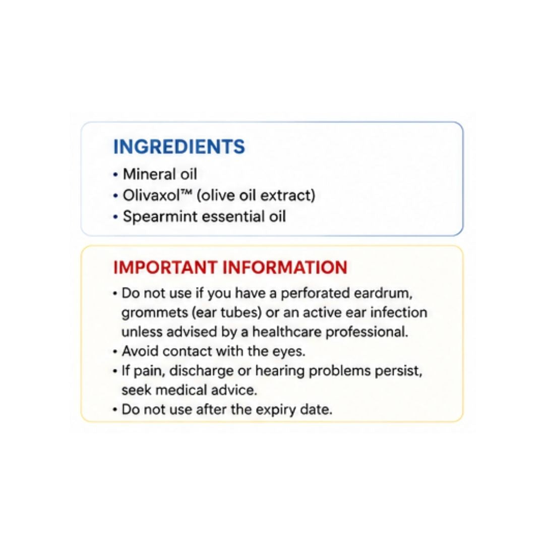 Naveh Dry Ears Spray 30ml 'INGREDIENTS' and 'IMPORTANT INFORMATION' graphics on a white background