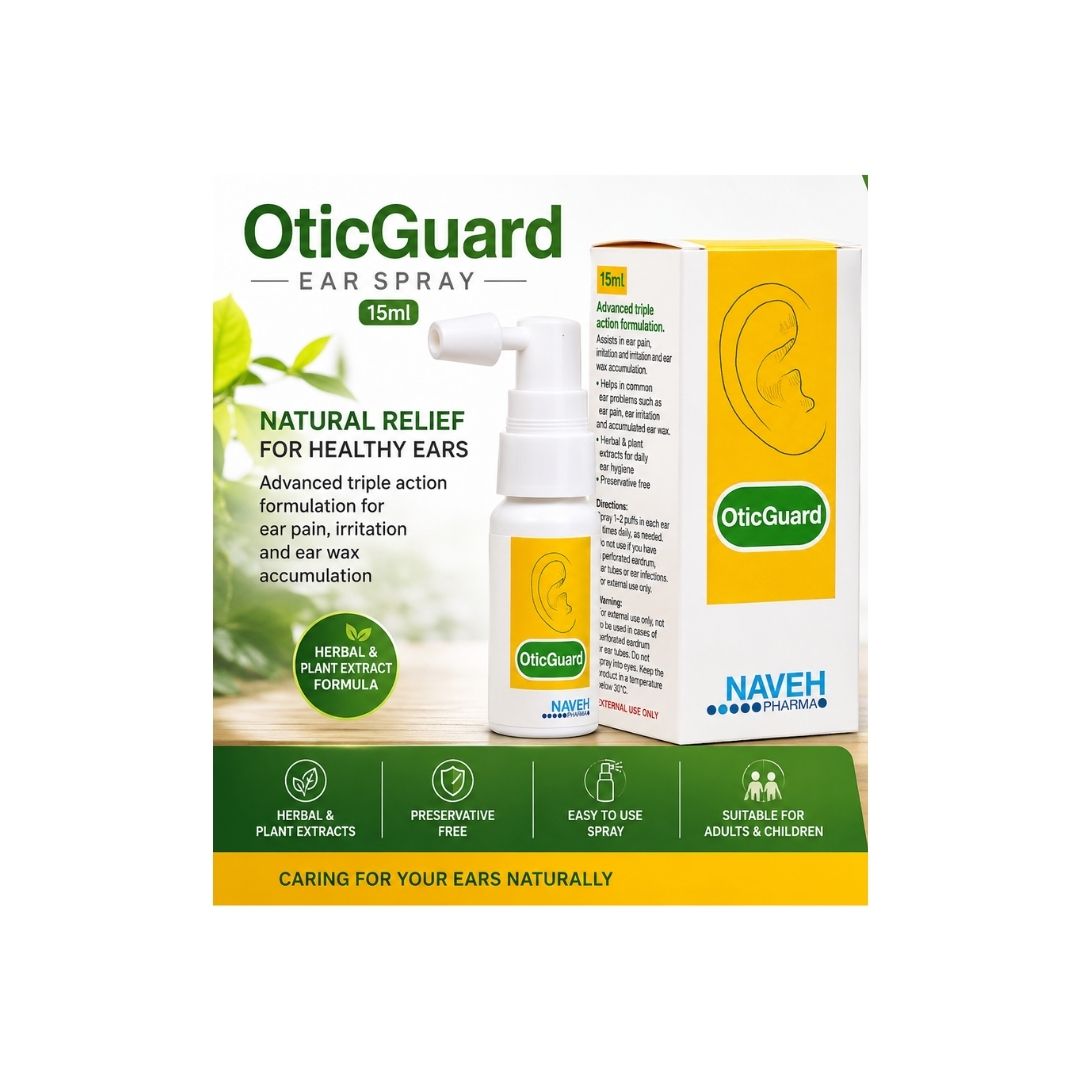 Naveh OticGuard Ear Spray 15ml product information grapphic on a green plant background