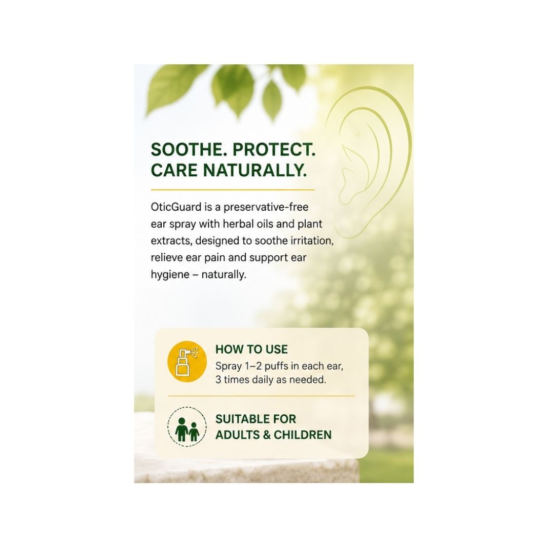 Naveh OticGuard Ear Spray 15ml 'SOOTHE.PROTECT. CARE NATURALLY' graphic on a green background