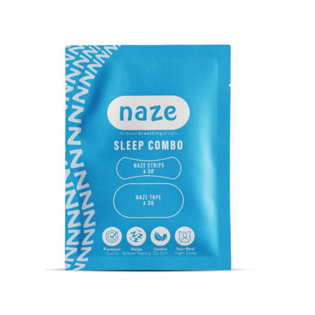 Blue packaging of naze sleep combo with text and icons on a white background