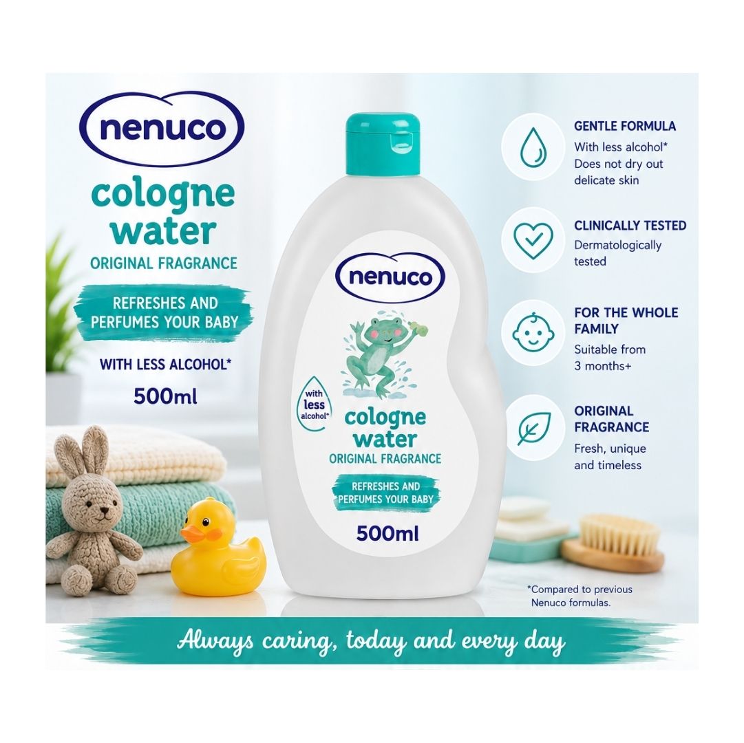Nenuco Cologne Water promotional graphic in a bathroom setting