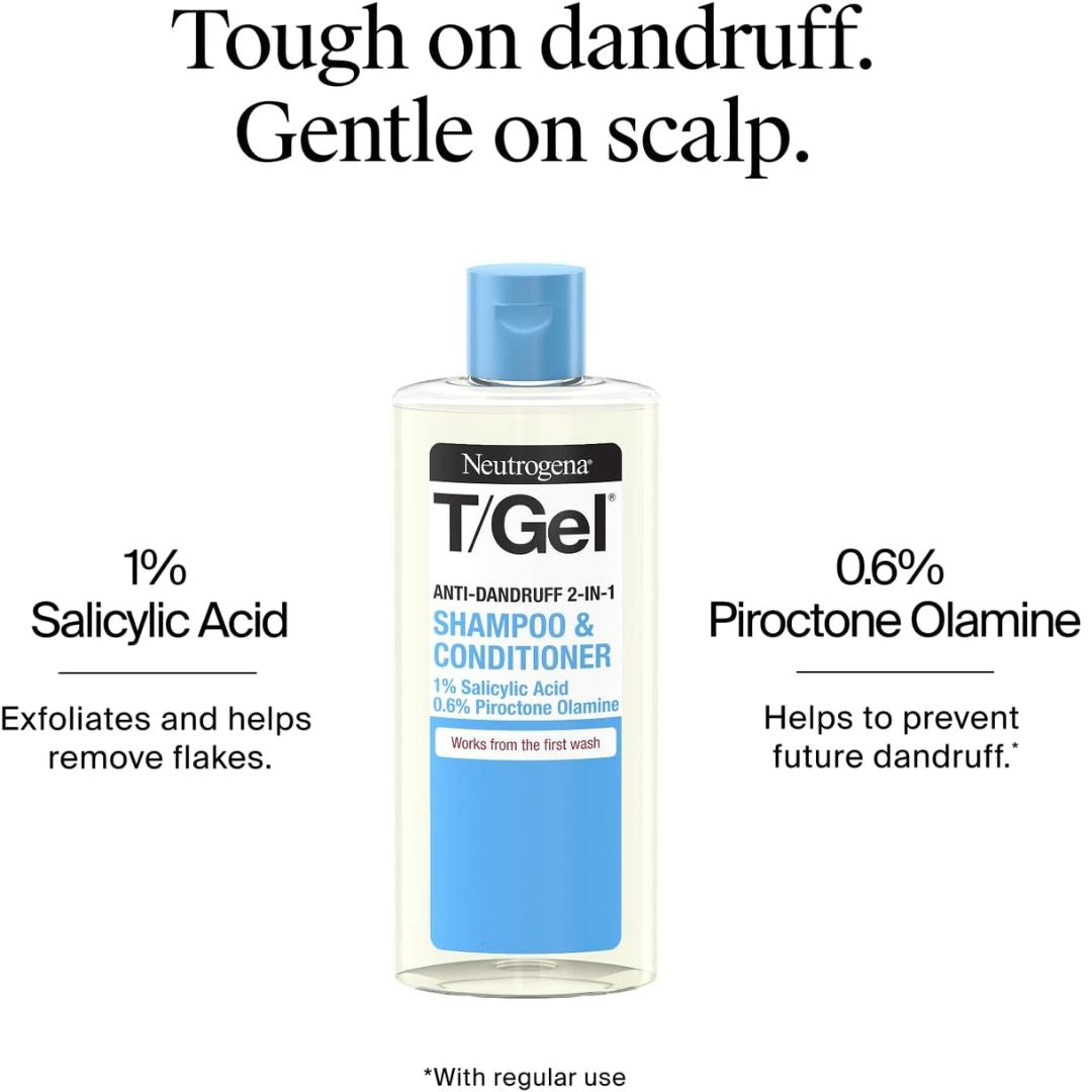 Neutrogena T/Gel Anti-Dandruff 2-in-1 Shampoo & Conditioner bottle centered on a white background, with marketing text reading 'Tough on dandruff. Gentle on scalp.