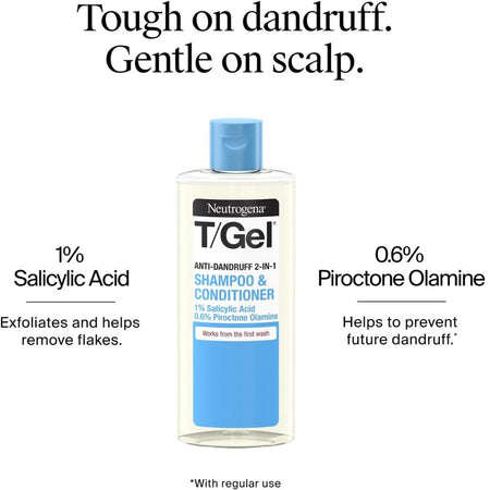 Neutrogena T/Gel Anti-Dandruff 2-in-1 Shampoo & Conditioner bottle centered on a white background, with marketing text reading 'Tough on dandruff. Gentle on scalp.