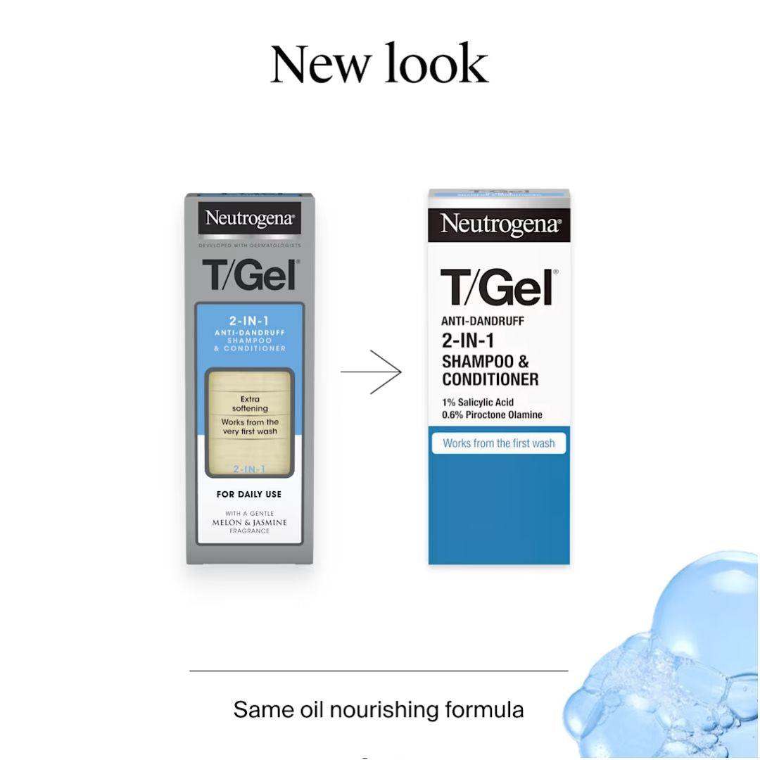 Neutrogena T/Gel 2-in-1 Anti-Dandruff & Hair Growth shampoo and conditioner box shown alongside a larger front view of the new packaging under the heading 'New look.' The box is white and blue with black text, and a small blue droplet graphic appears in the lower right corner.