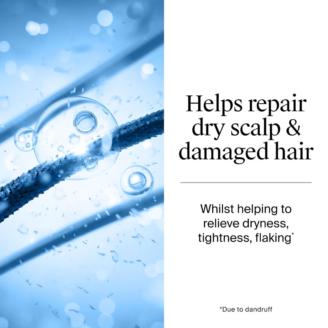 A promotional graphic with a blue-toned close-up of hair and water droplets on the left, and black text on a white background on the right reading: 'Helps repair dry scalp & damaged hair' and 'Whilst helping to relieve dryness, tightness, flaking*'.
