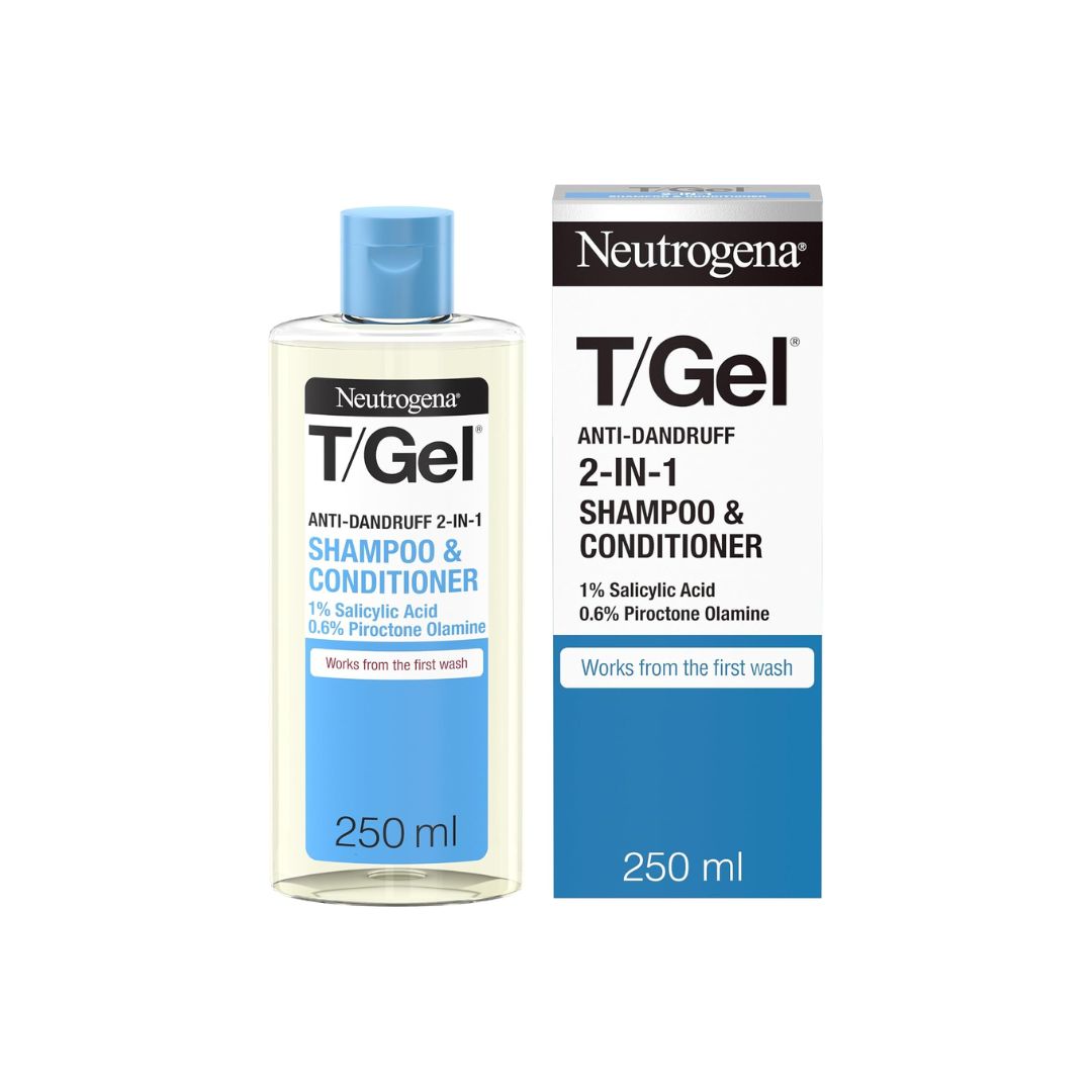 Neutrogena T/Gel Anti-Dandruff 2-in-1 Shampoo & Conditioner bottle with a blue cap shown next to its retail box on a white background.