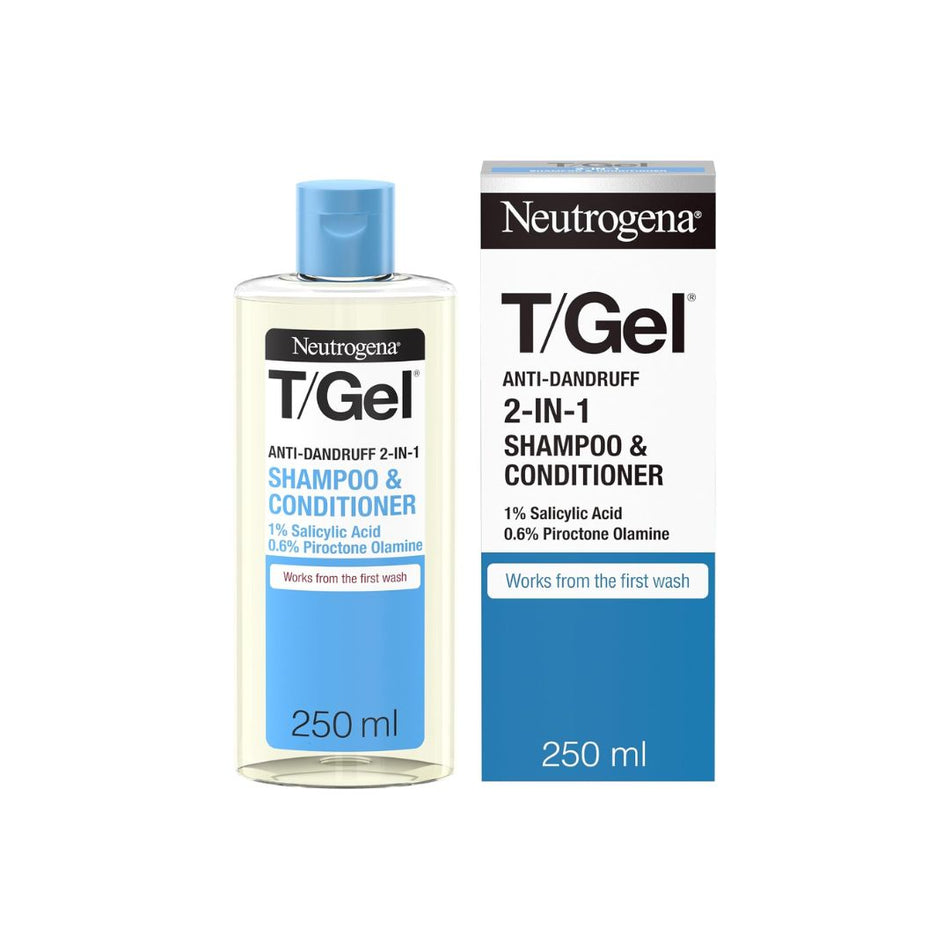 Neutrogena T/Gel Anti-Dandruff 2-in-1 Shampoo & Conditioner bottle with a blue cap shown next to its retail box on a white background.