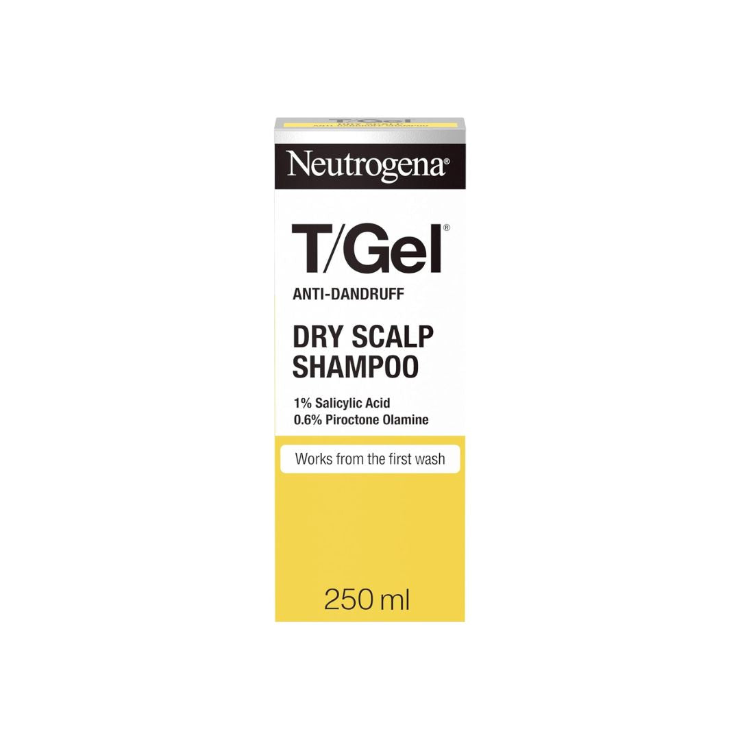A 250 ml box of Neutrogena T/Gel Dry Scalp Shampoo, featuring a white and yellow design with black text on a solid white background.