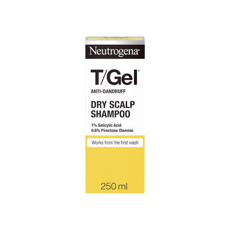 A 250 ml box of Neutrogena T/Gel Dry Scalp Shampoo, featuring a white and yellow design with black text on a solid white background.