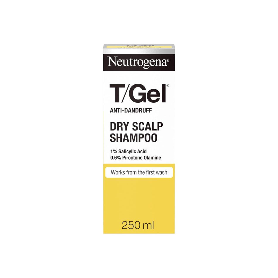 A 250 ml box of Neutrogena T/Gel Dry Scalp Shampoo, featuring a white and yellow design with black text on a solid white background.