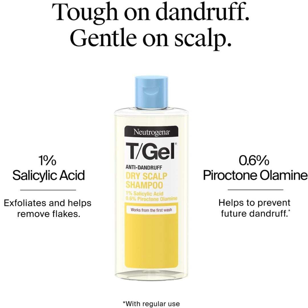 Neutrogena T/Gel Dry Scalp Shampoo bottle centered on a white background with marketing text above and below. The bottle has a light blue cap, clear body, yellow lower section, and black/yellow label text.