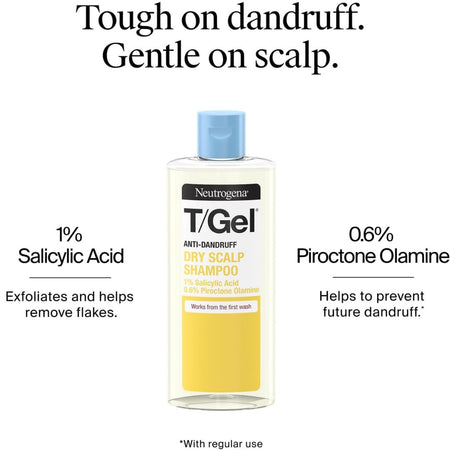 Neutrogena T/Gel Dry Scalp Shampoo bottle centered on a white background with marketing text above and below. The bottle has a light blue cap, clear body, yellow lower section, and black/yellow label text.